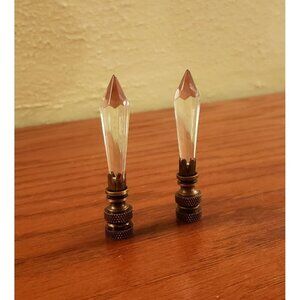 Crystal Lamp Finial Faceted Cone Retro Antique Color Brass Base Large 3" Set  2